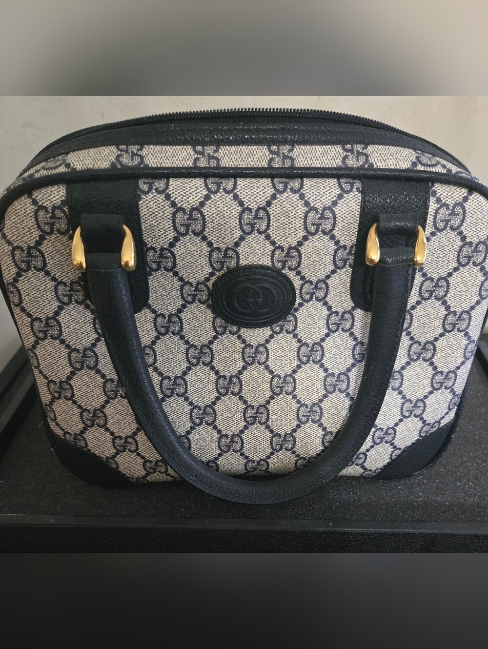 Vintage Gucci Boston Doctor Bowling Satchel GG Monogram Navy With Gold Hardware